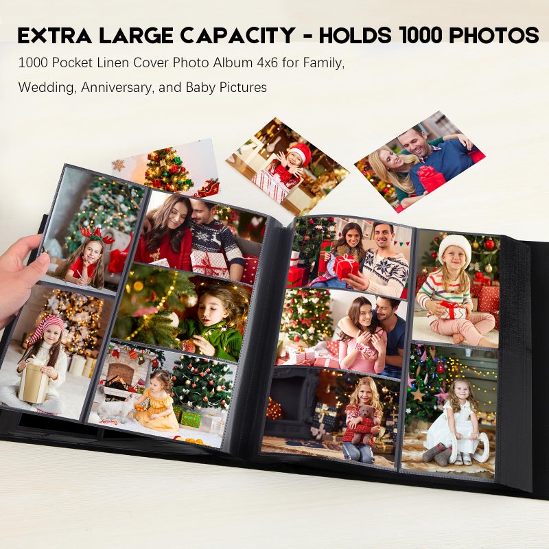 Aevdor 1000 Pockets Photo Album 4x6, Extra Large Capacity Linen Cover Wedding Family Photo Albums Holds 1000 Horizontal and Vertical Photos, Acid-free Pages 4x6 Photo Album with Front Window (Black) - Image 3