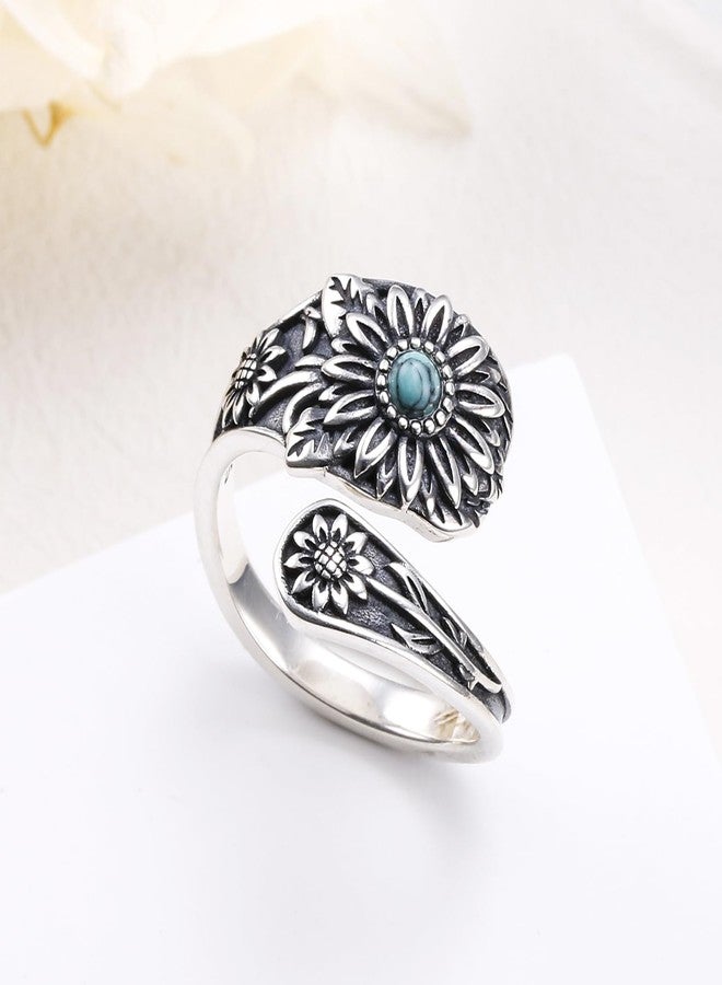 Yearace Daisy Spoon Ring for Women - Sterling Silver Vintage Oxidized Thumb Rings Victorian Turquoise Jewelry - Boho Statement Ring Jewelry Gifts - Image 2