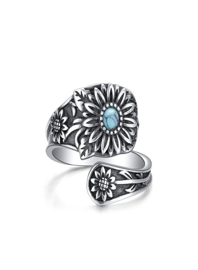 Yearace Daisy Spoon Ring for Women - Sterling Silver Vintage Oxidized Thumb Rings Victorian Turquoise Jewelry - Boho Statement Ring Jewelry Gifts - Image 1