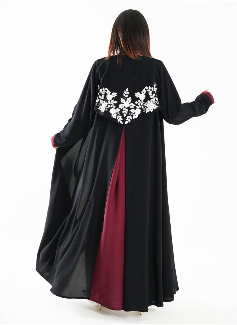 Rosette Abaya Embroidery Abaya with Sophisticated Red-Accented Back and Cut Design  - Image 4