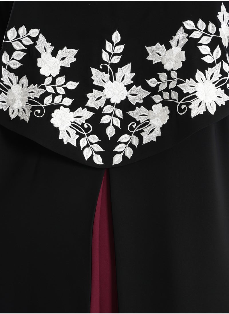 Rosette Abaya Embroidery Abaya with Sophisticated Red-Accented Back and Cut Design  - Image 2
