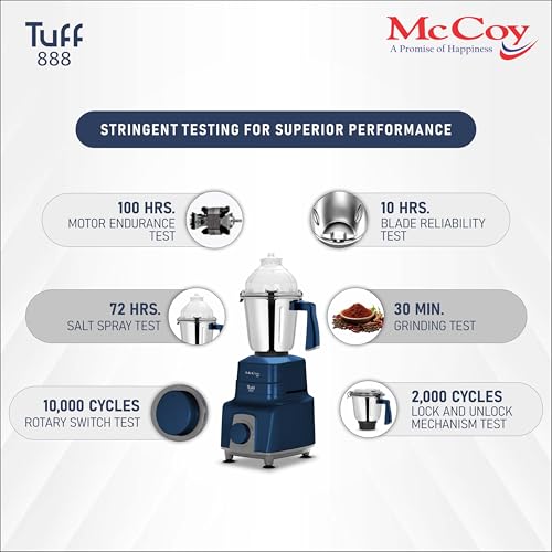 McCoy Tuff 888 750W Mixer Grinder | Clip Lid Lock | Hands-Free Operation | Powerful Motor | 3 Stainless Steel Jars | Sleek Anti-Skid Design, Blue & Grey | 2 Year Warranty - Image 5