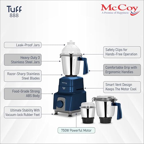 McCoy Tuff 888 750W Mixer Grinder | Clip Lid Lock | Hands-Free Operation | Powerful Motor | 3 Stainless Steel Jars | Sleek Anti-Skid Design, Blue & Grey | 2 Year Warranty - Image 4