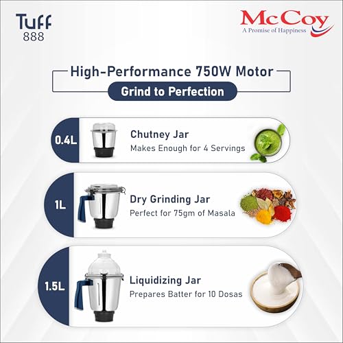 McCoy Tuff 888 750W Mixer Grinder | Clip Lid Lock | Hands-Free Operation | Powerful Motor | 3 Stainless Steel Jars | Sleek Anti-Skid Design, Blue & Grey | 2 Year Warranty - Image 2