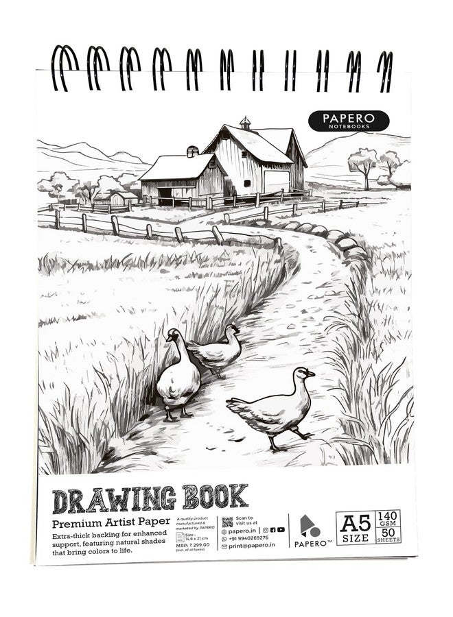PaperO A5 Sketch/Drawing Book - 140 GSM, 100 Pages/50 Sheets, Metal Wire-O Bound - Perfect for Professional Artists, Architects, Kids, and Adults (21.0 x 14.8 cm) (Meadow Sketch) (Meadow Sketch) - Image 1
