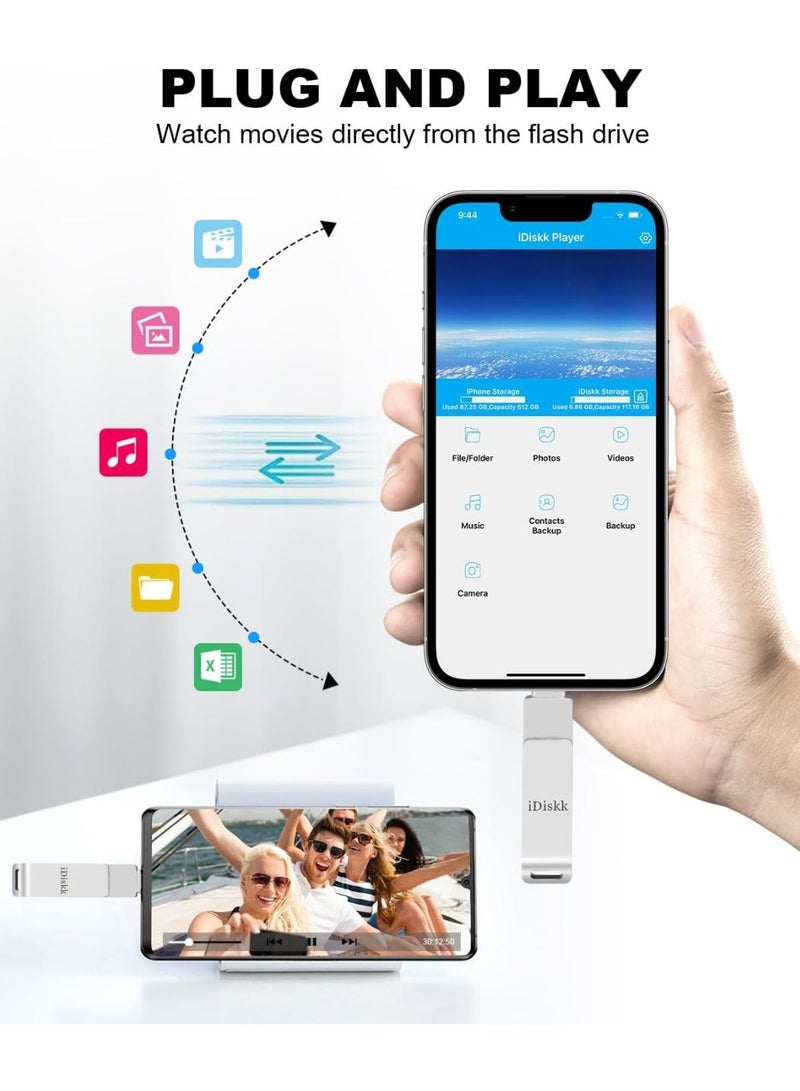 آيديسك ذاكرة فلاش iDiskk بسعة 64 جيجابايت بتقنية USB 3.0 OTG لأجهزة iPhone/iPad/PC - ذاكرة خارجية عالية السرعة فضية - Image 3