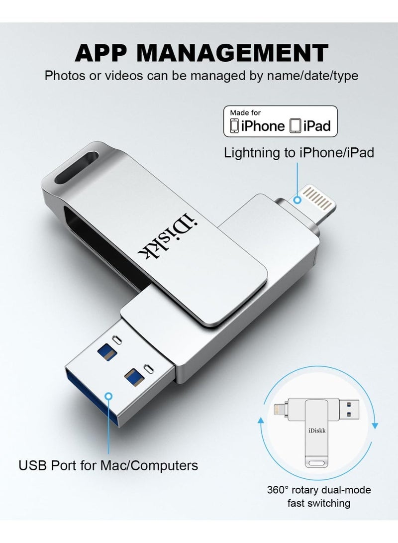 آيديسك ذاكرة فلاش iDiskk بسعة 64 جيجابايت بتقنية USB 3.0 OTG لأجهزة iPhone/iPad/PC - ذاكرة خارجية عالية السرعة فضية - Image 4