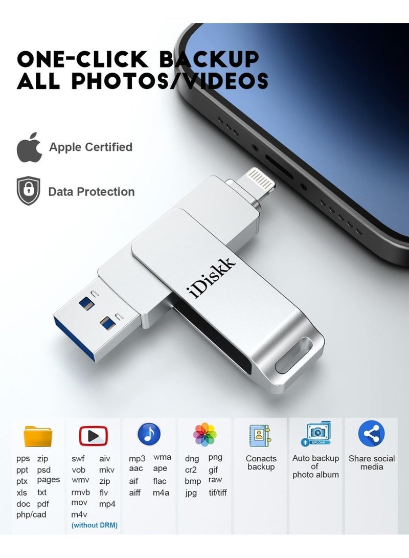 آيديسك ذاكرة فلاش iDiskk بسعة 64 جيجابايت بتقنية USB 3.0 OTG لأجهزة iPhone/iPad/PC - ذاكرة خارجية عالية السرعة فضية - Image 5