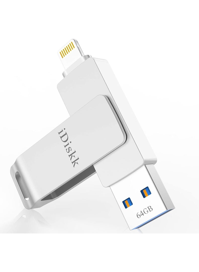آيديسك ذاكرة فلاش iDiskk بسعة 64 جيجابايت بتقنية USB 3.0 OTG لأجهزة iPhone/iPad/PC - ذاكرة خارجية عالية السرعة فضية - Image 1