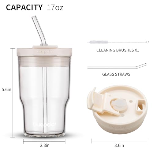 BLUEPOLAR 16oz480ml Iced Coffee Cups With Lids And StrawsReusable Leakproof Glass TumblerWater BottlesCold BrewDrinking Jars For JuicingMatchaTeaSmoothie For TravelOffice OffWhite - Image 3