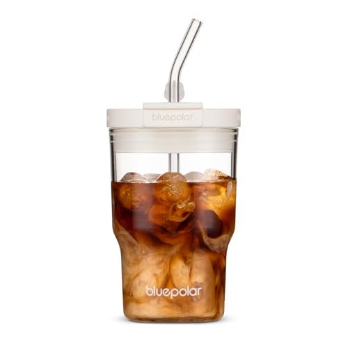 BLUEPOLAR 16oz480ml Iced Coffee Cups With Lids And StrawsReusable Leakproof Glass TumblerWater BottlesCold BrewDrinking Jars For JuicingMatchaTeaSmoothie For TravelOffice OffWhite - Image 1