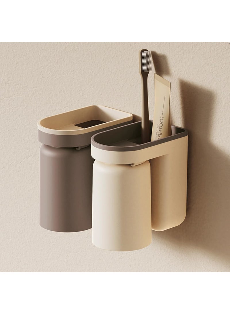 SYOSI Toothbrush Holder for Wall Mounted with Cup, 2-in-1 Bathroom Organizer Set, Inverted Design for Drainage and Easy Cleaning, Stick-on Toothbrush Rack with Cups for Family Use, Beige+Coffee - Image 1