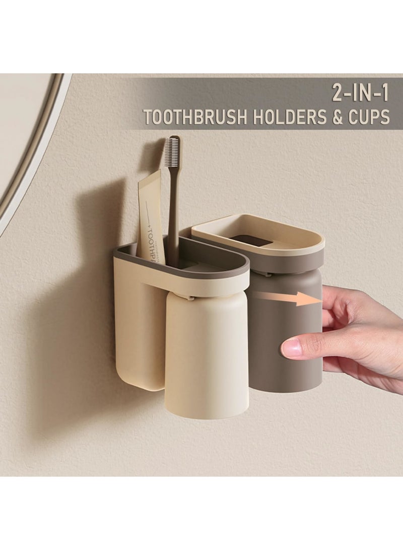 SYOSI Toothbrush Holder for Wall Mounted with Cup, 2-in-1 Bathroom Organizer Set, Inverted Design for Drainage and Easy Cleaning, Stick-on Toothbrush Rack with Cups for Family Use, Beige+Coffee - Image 3