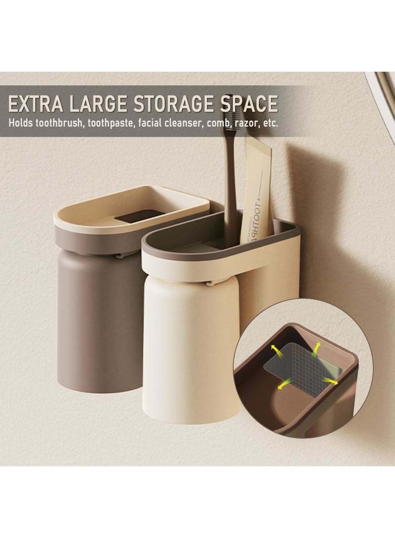 SYOSI Toothbrush Holder for Wall Mounted with Cup, 2-in-1 Bathroom Organizer Set, Inverted Design for Drainage and Easy Cleaning, Stick-on Toothbrush Rack with Cups for Family Use, Beige+Coffee - Image 4