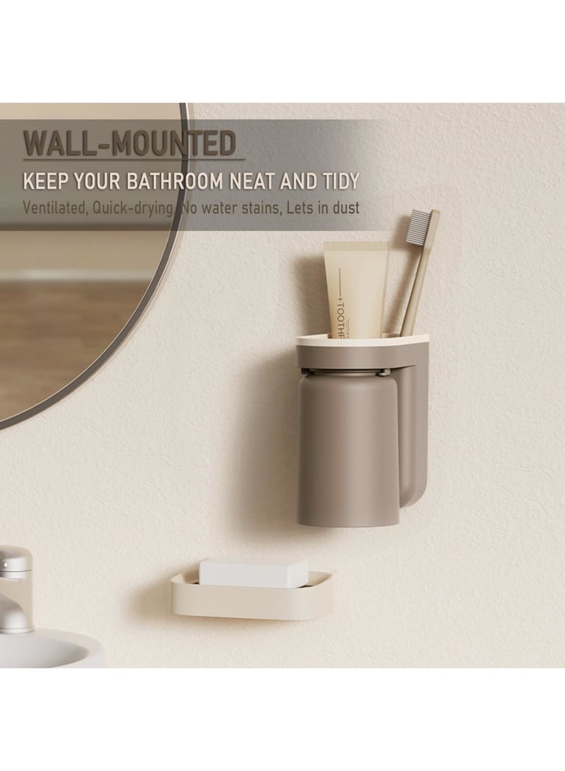 SYOSI Toothbrush Holder for Wall Mounted with Cup, 2-in-1 Bathroom Organizer Set, Inverted Design for Drainage and Easy Cleaning, Stick-on Toothbrush Rack with Cups for Family Use, Beige+Coffee - Image 5
