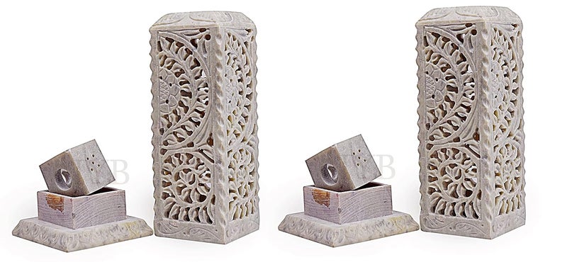 IYBHandcrafted Flower Carving Soapstone Marble Incense Agarbatti Stand Holder for Puja Set of 2