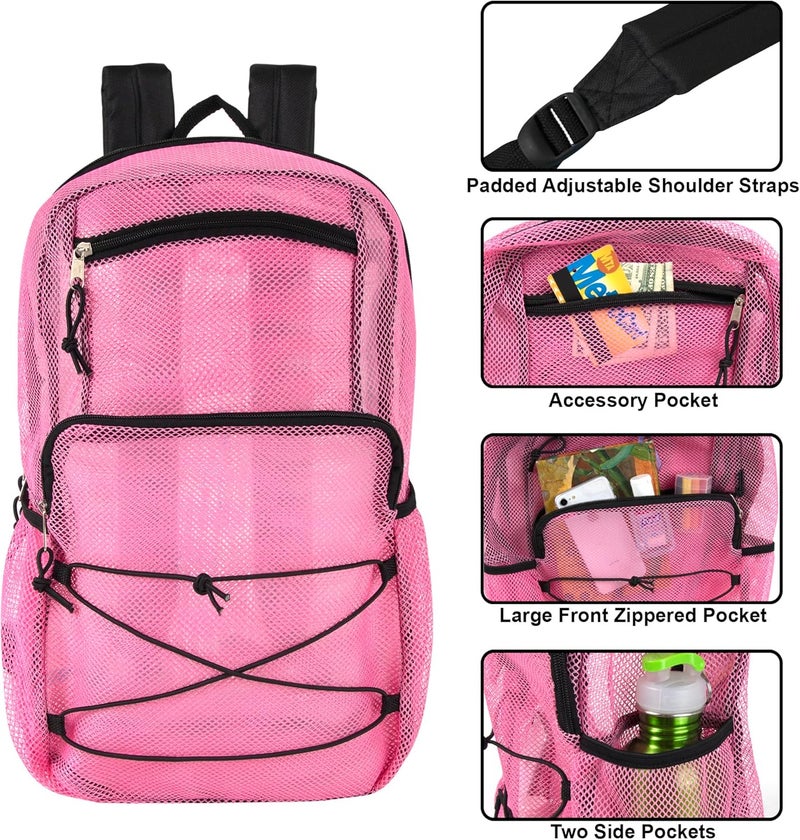 Trailmaker Deluxe See Through Mesh Backpack with Bungee Cord & Adjustable Padded Straps for Swimming, Travel (Pink) - Image 2