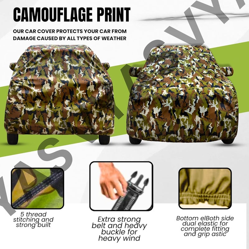 VYAS 100% Waterproof Car Body Cover for Maruti Suzuki New Celerio (2021-2025) with Mirror Pocket Triple Stitched Belt & Buckle Fitting Dual Elastic, Durable Material Jungle Print Camouflage Design - Image 3