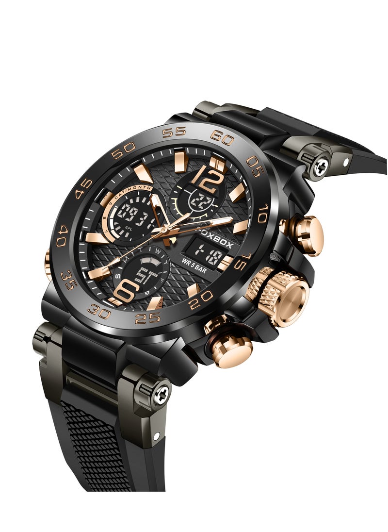 FOXBOX Fashion Stylish Waterproof Wrist Watches for Men Sports Quartz Watch Rose Gold & Black  - Image 3