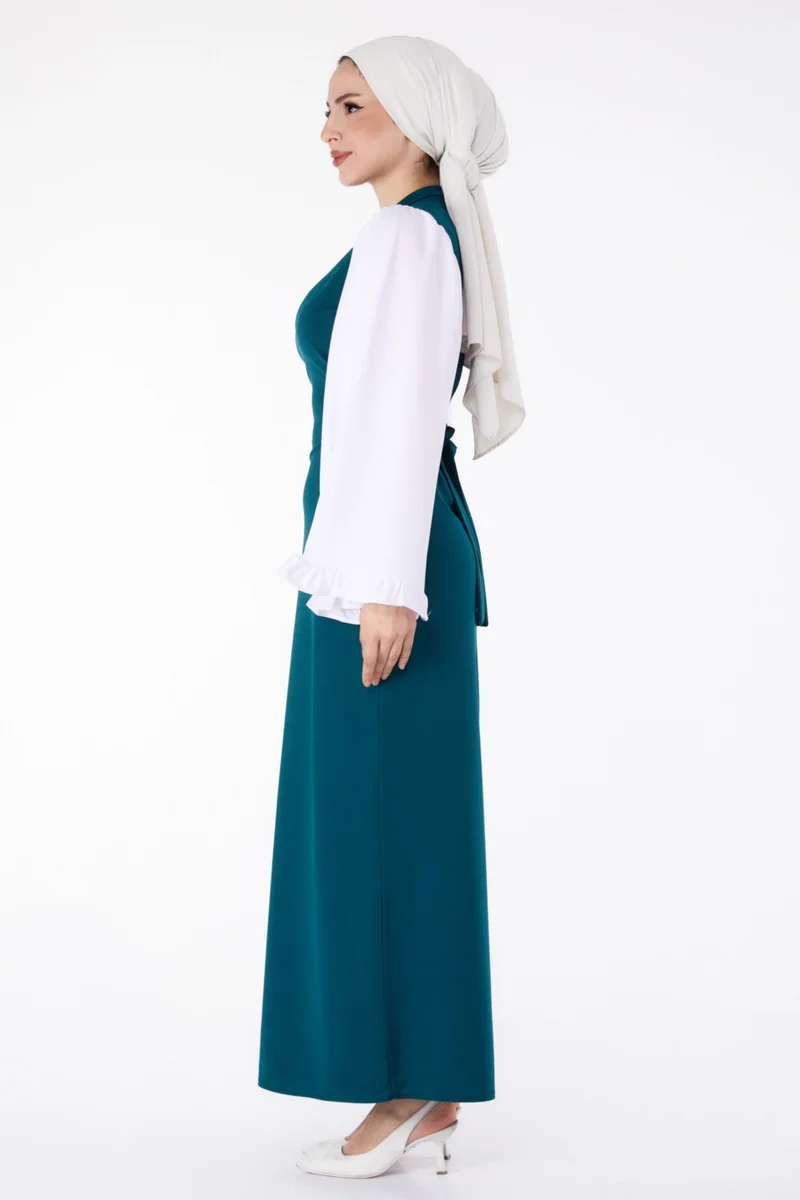 Tofisa Plain Judge Collar Women's Green Spanish Sleeve Detail Dress - 13195