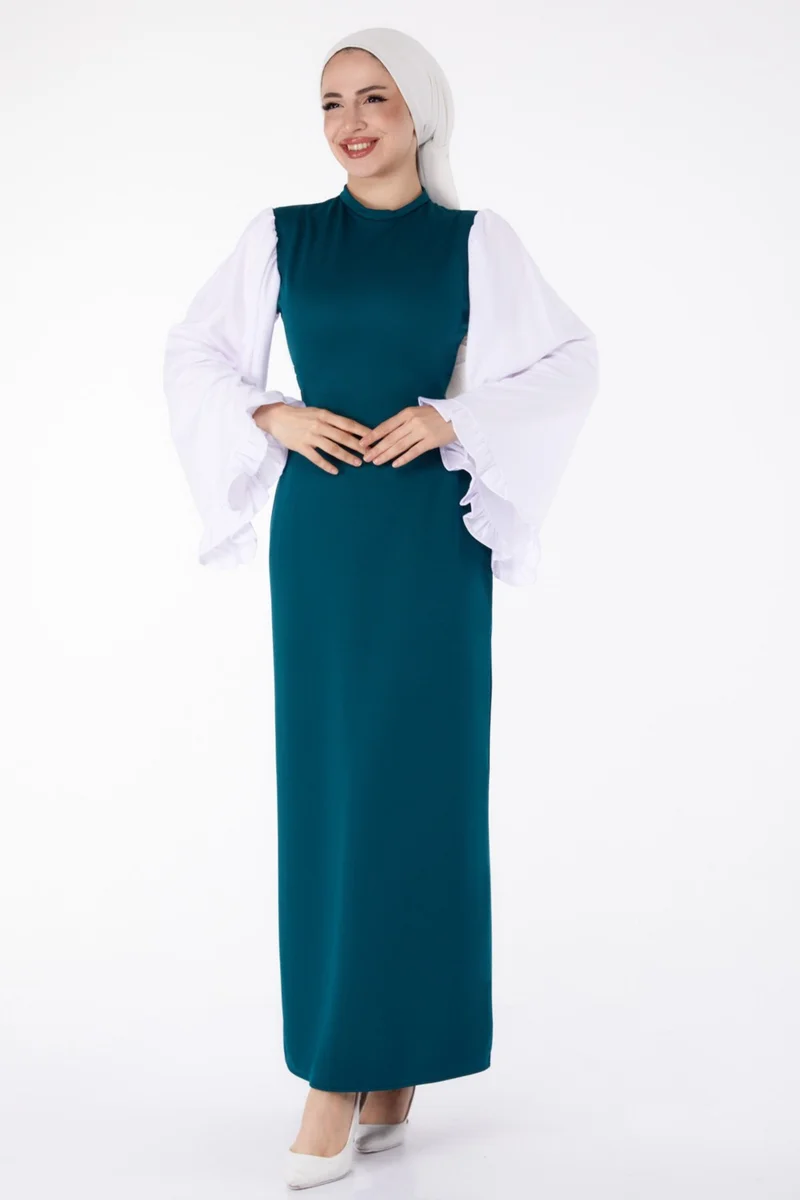 Tofisa Plain Judge Collar Women's Green Spanish Sleeve Detail Dress - 13195
