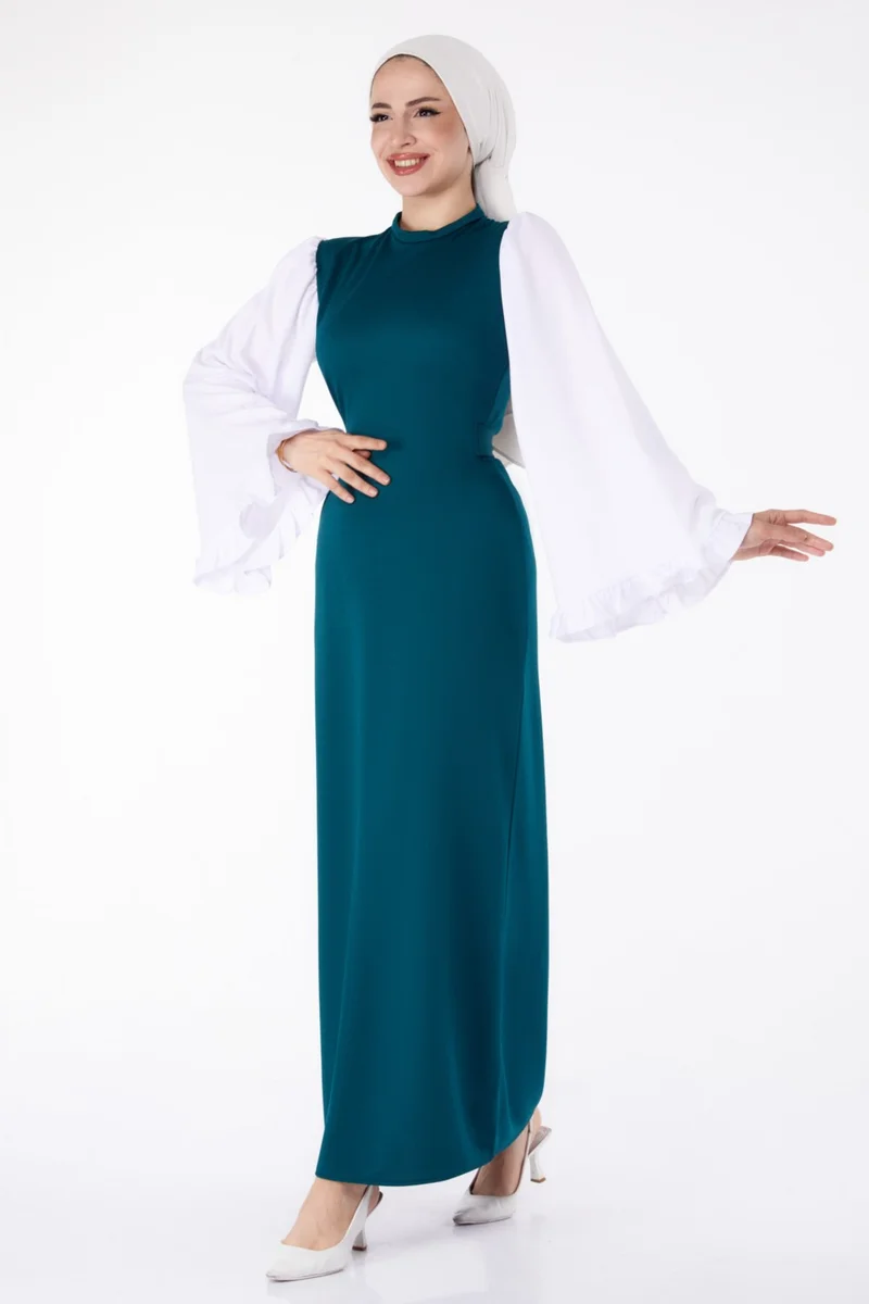 Tofisa Plain Judge Collar Women's Green Spanish Sleeve Detail Dress - 13195