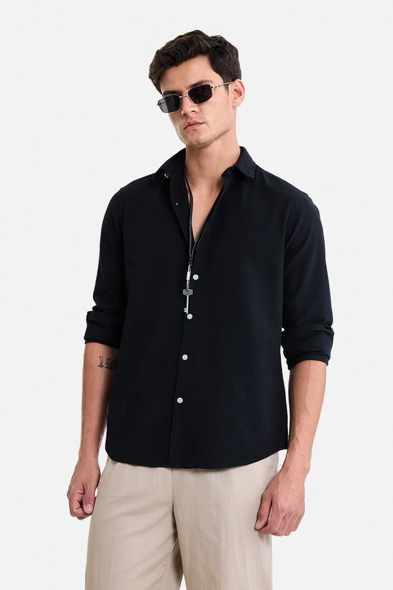SNITCH Black Textured Long Sleeve Slim Fit Shirt