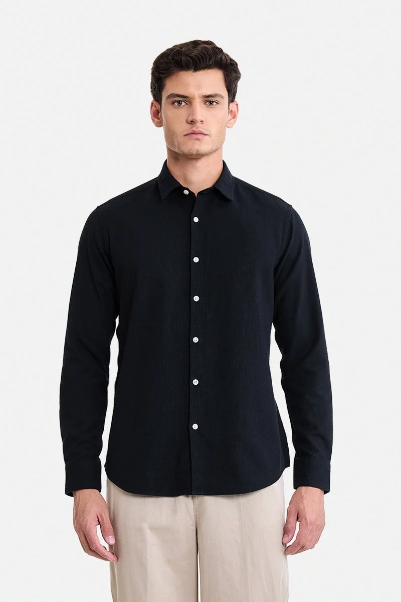 SNITCH Black Textured Long Sleeve Slim Fit Shirt