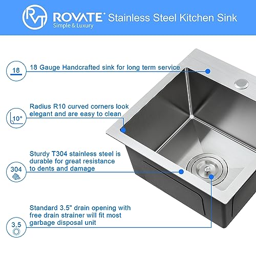 ROVATE 13 x 15 x 8 inch Drop in Bar Sink, Small Kitchen Sink Topmount Single Bowl, 304 Stainless Steel Bar Sinks Overmount Handmade with Basket Strainer - Image 3