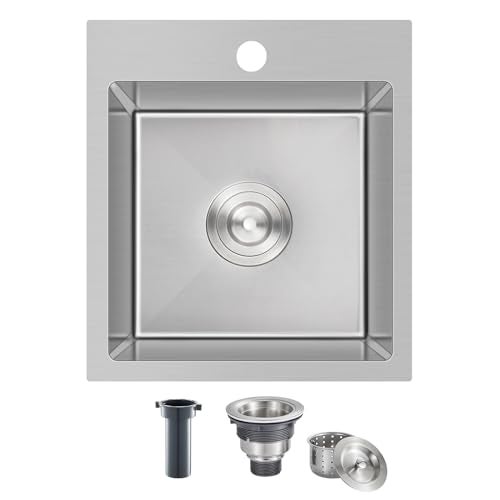 ROVATE 13 x 15 x 8 inch Drop in Bar Sink, Small Kitchen Sink Topmount Single Bowl, 304 Stainless Steel Bar Sinks Overmount Handmade with Basket Strainer - Image 1