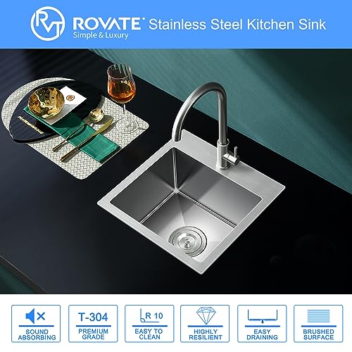 ROVATE 13 x 15 x 8 inch Drop in Bar Sink, Small Kitchen Sink Topmount Single Bowl, 304 Stainless Steel Bar Sinks Overmount Handmade with Basket Strainer - Image 2