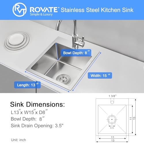 ROVATE 13 x 15 x 8 inch Drop in Bar Sink, Small Kitchen Sink Topmount Single Bowl, 304 Stainless Steel Bar Sinks Overmount Handmade with Basket Strainer - Image 5