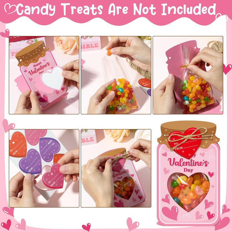 B1ykin Valentine's Day Mason Jar Candy Bags - 36 Sets DIY 3D Candy Holder Goodie Treat Bags with Clear Window Name Tags Cards, Valentines Exchange Gifts, Classroom Party Favor for Kids (Heart 1) - Image 3