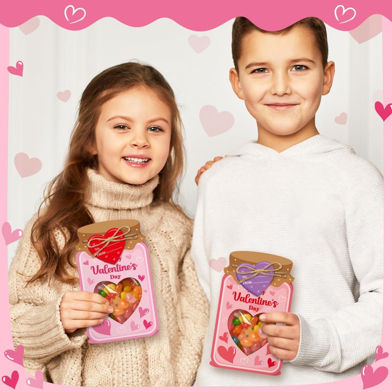 B1ykin Valentine's Day Mason Jar Candy Bags - 36 Sets DIY 3D Candy Holder Goodie Treat Bags with Clear Window Name Tags Cards, Valentines Exchange Gifts, Classroom Party Favor for Kids (Heart 1) - Image 5