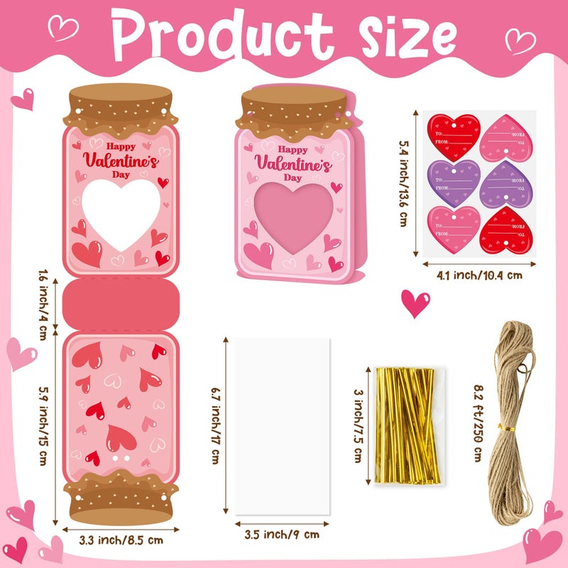 B1ykin Valentine's Day Mason Jar Candy Bags - 36 Sets DIY 3D Candy Holder Goodie Treat Bags with Clear Window Name Tags Cards, Valentines Exchange Gifts, Classroom Party Favor for Kids (Heart 1) - Image 2