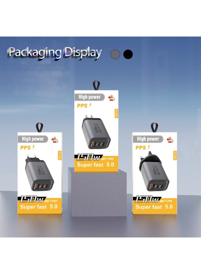 150W UK 3 Ports Multifunctional Super Fast Charger Adapter Mobile Phone Wall Charger Travel Power Adapter Grey - Image 2