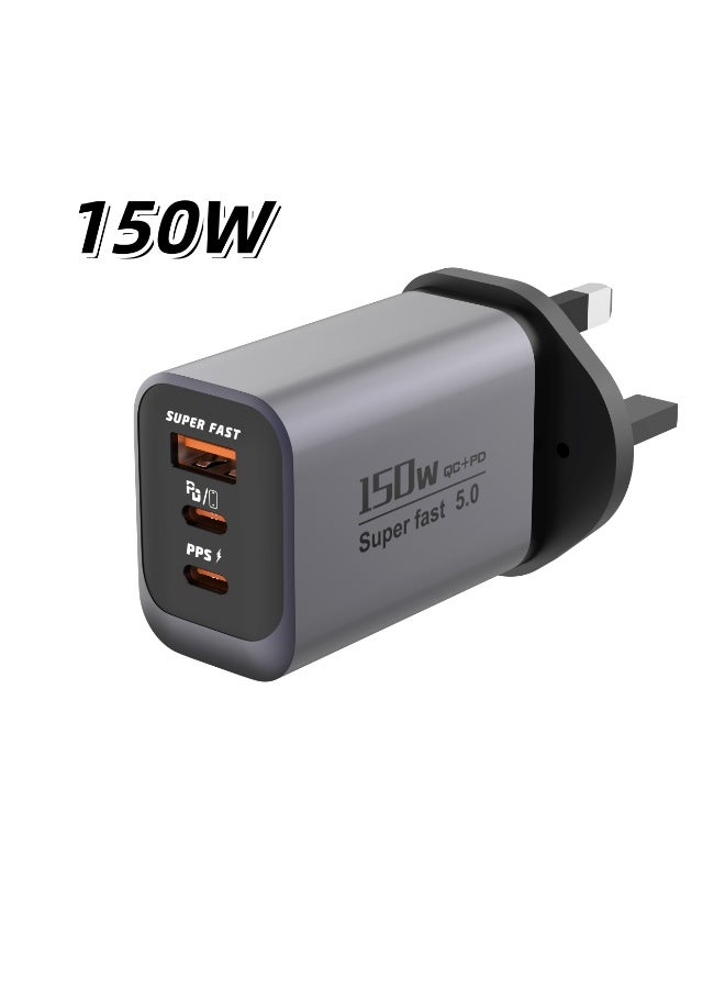 150W UK 3 Ports Multifunctional Super Fast Charger Adapter Mobile Phone Wall Charger Travel Power Adapter Grey - Image 1