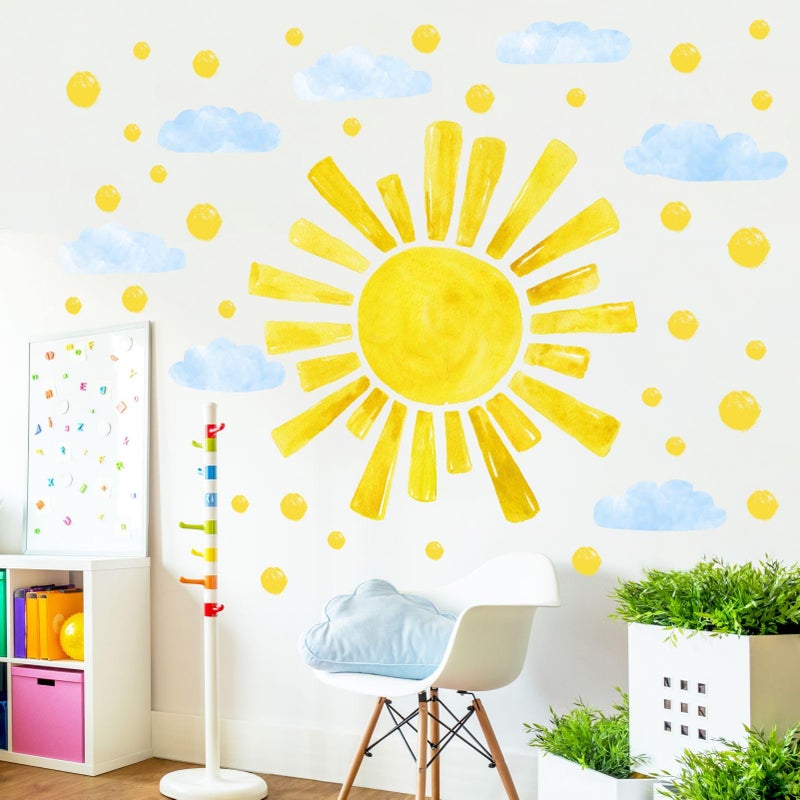 Eutecado Large Sun Wall Decals Cloud Polka Dots Wall Stickers for Girls Room, 12 Sheets Watercolor Sun Wall Decor Stickers Cute Cloud Wallpaper Delicate Decorations for Kids Room Bedroom - Image 1