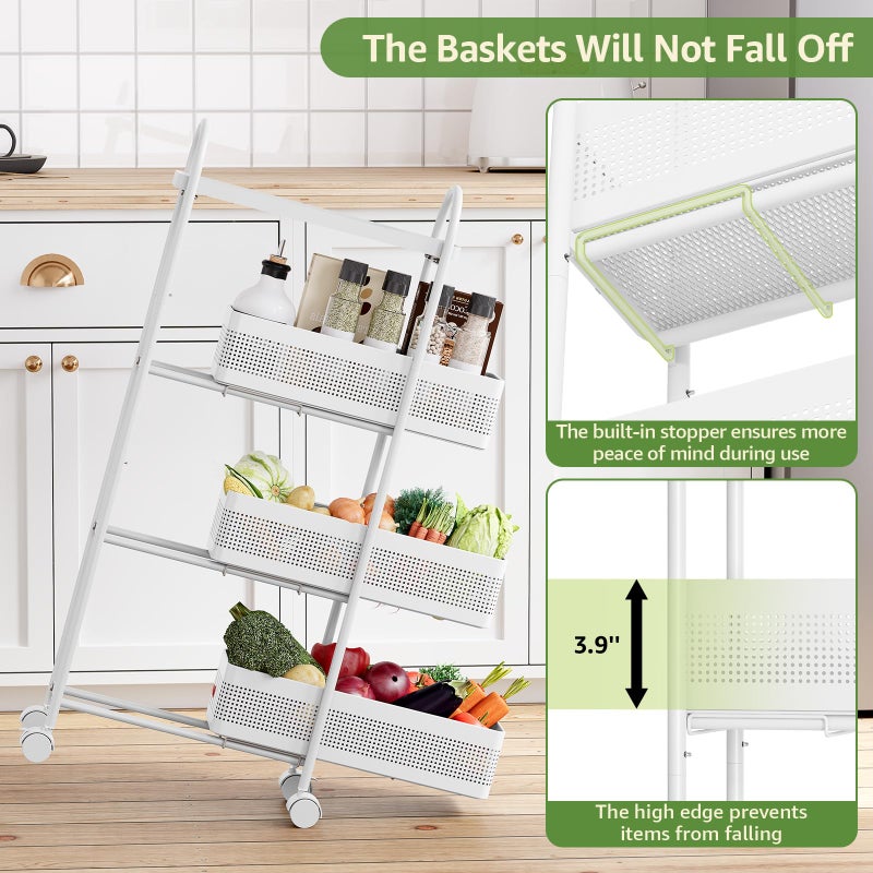 KINGRACK 4-Tier Slim Storage Cart with 3 Pull Out Basket, Rolling Bathroom Organizer Utility, Metal Shelving Unit Slide Out, Lockable Wheels, Easy Assembly for Narrow Place, Kitchen, Office, White - Image 5