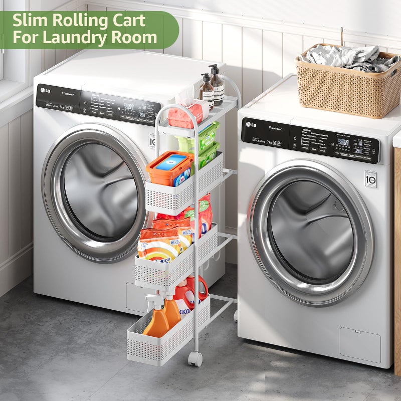 KINGRACK 4-Tier Slim Storage Cart with 3 Pull Out Basket, Rolling Bathroom Organizer Utility, Metal Shelving Unit Slide Out, Lockable Wheels, Easy Assembly for Narrow Place, Kitchen, Office, White - Image 2