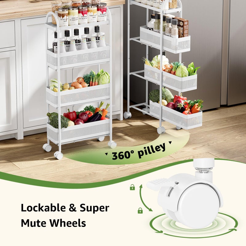 KINGRACK 4-Tier Slim Storage Cart with 3 Pull Out Basket, Rolling Bathroom Organizer Utility, Metal Shelving Unit Slide Out, Lockable Wheels, Easy Assembly for Narrow Place, Kitchen, Office, White - Image 4