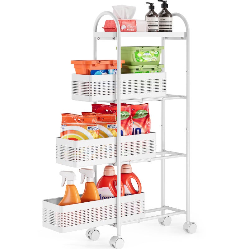 KINGRACK 4-Tier Slim Storage Cart with 3 Pull Out Basket, Rolling Bathroom Organizer Utility, Metal Shelving Unit Slide Out, Lockable Wheels, Easy Assembly for Narrow Place, Kitchen, Office, White - Image 1