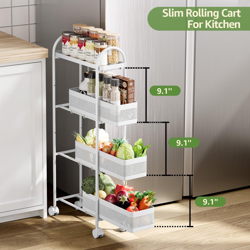 KINGRACK 4-Tier Slim Storage Cart with 3 Pull Out Basket, Rolling Bathroom Organizer Utility, Metal Shelving Unit Slide Out, Lockable Wheels, Easy Assembly for Narrow Place, Kitchen, Office, White - Image 3
