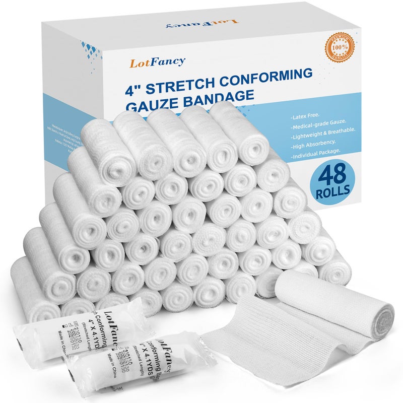 LotFancy Gauze Rolls 48 Count 4 Inch x 41 Yards Rolled Gauze Wrap FSA HSA Eligible Conforming Stretch Bandage for Wounds Care Medical Supplies for First Aid