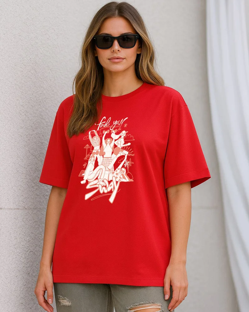 بيواكوف Women's Fiesta Red Sparkle Graphic Printed Oversized T-shirt