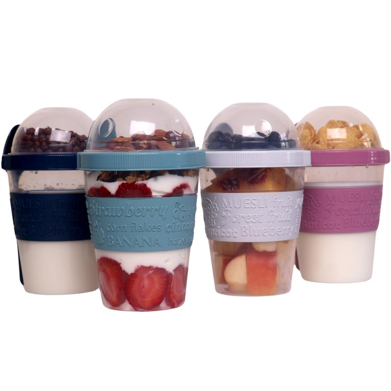 Salda 4 Pack 20 oz Breakfast On the Go Cups Take and Go Yogurt Cup with Topping Cereal Cup with spoon Overnight Oats or Oatmeal Container Jar Colorful Set of 4