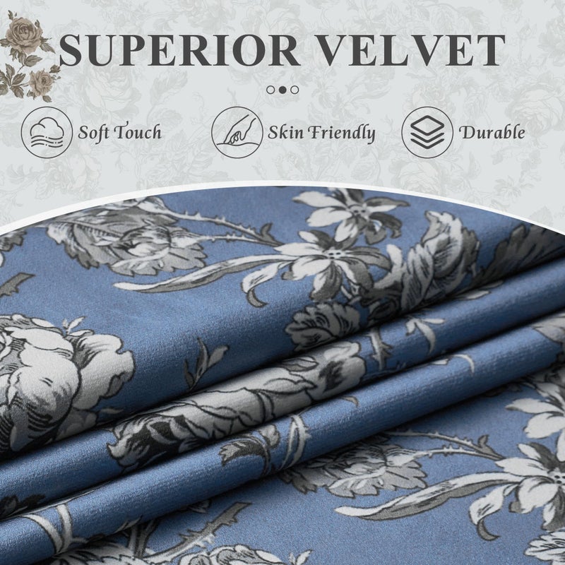 StangH Vintage Floral Velvet Curtains for Living Room, Slate Blue Printed Bedroom Drapes with Rose Pattern Victorian Energy Efficient Privacy Panels for Home Office, W52 x L84, 2 Panels - Image 3