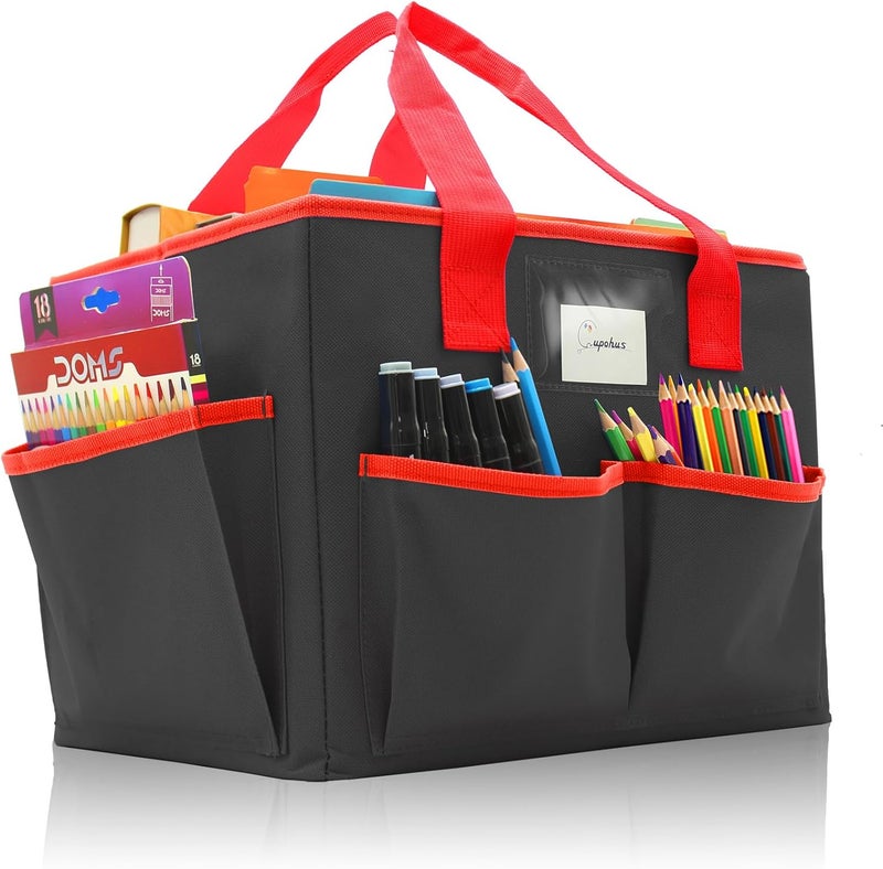 Cupohus Extra Large Art Organizer Craft Storage Tote Bag with Pockets and Hadles, Oxford Fabric Carrying Caddy for Teacher, Officer, Artist, Students, Traveler, and more – Black with Red Edge - Image 1