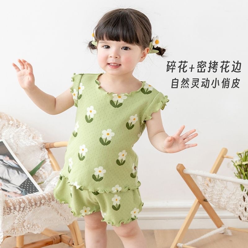 Girls Pajamas Summer Lightweight Printed Dolly Childrens Short-sleeved Shorts Home Clothes Baby Girls Thin Breathable Air-conditioning Clothes Green bottom flower [suit]] 