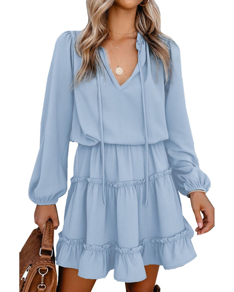 BTFBM Long Sleeve Fall Dresses for Women 2025 Summer Casual Tie Neck Ruffle Tiered A Line Wedding Guest Short Mini Dress(Long Sleeve Light Blue, Medium) - Image 5